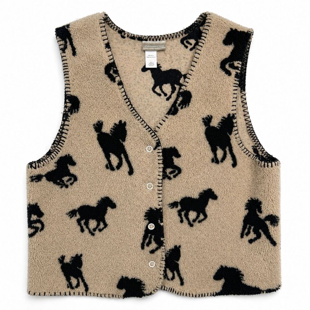 Coldwater Creek Horse Sherpa Vest Large Tan Black Western Ranch Cozy Fleece